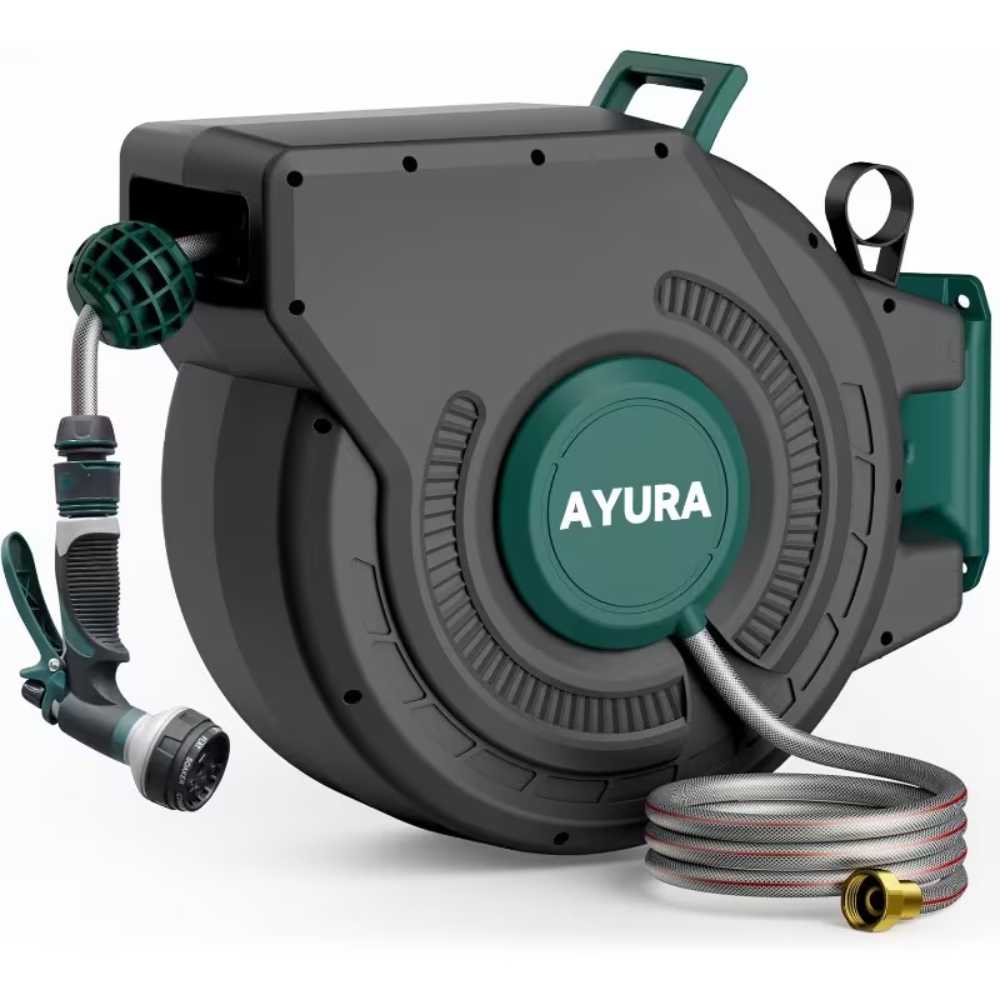 Ayura 100' x 1/2" Retractable Garden Hose Reel w/ 8-Pattern Nozzle