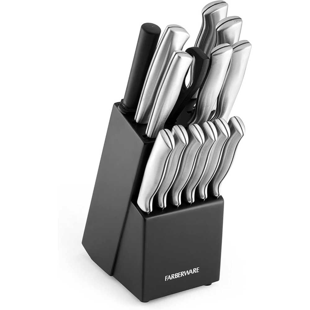 Prime Members: Farberware 15-Piece High-Carbon Stamped Stainless Steel Kitchen Knife Set w/ Wood Block