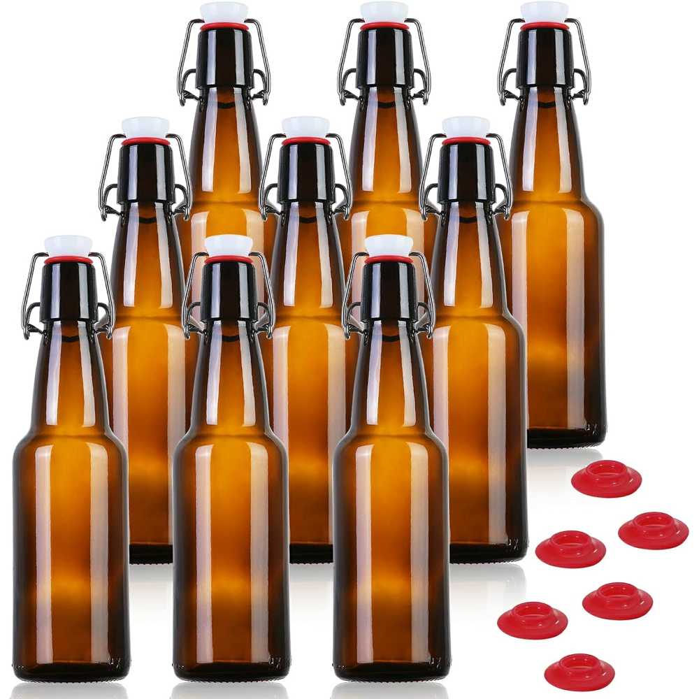 9-Pack Yeboda Home Brewing Amber Glass Bottles w/ Flip Caps, 12 oz.