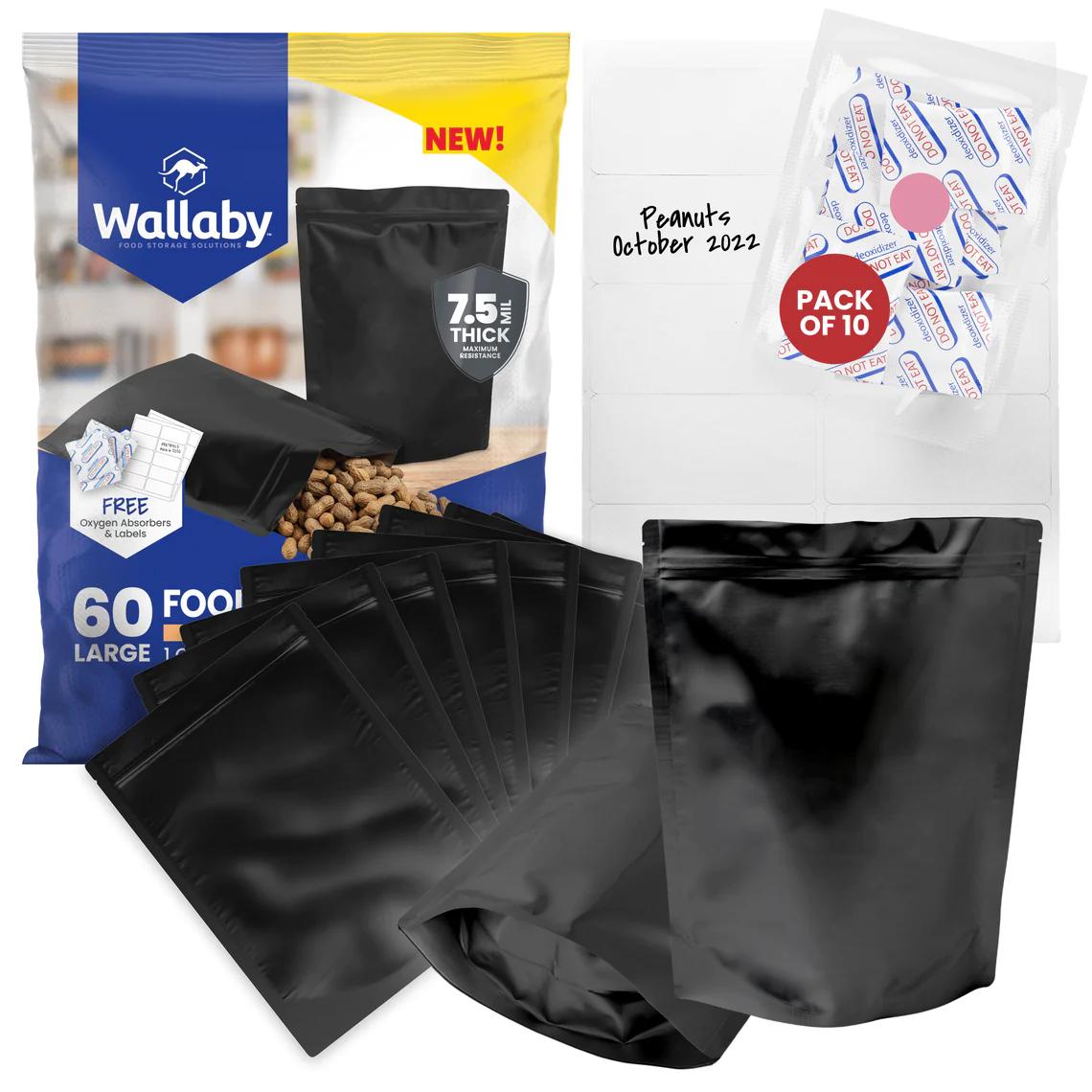 60-Pack 1-Gallon Mylar Gusset Bags (7.5 Mil) w/ 60x Oxygen Absorbers (Black)