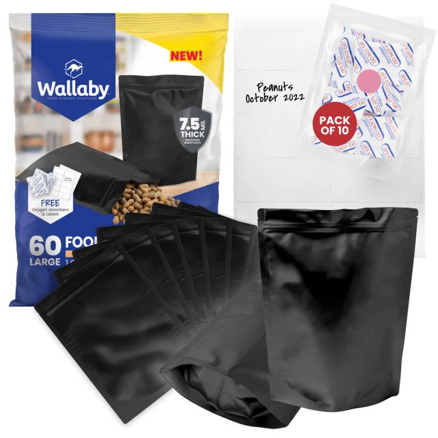 60-Pack 1-Gallon Mylar Gusset Bags (7.5 Mil) w/ 60x Oxygen Absorbers (Black)