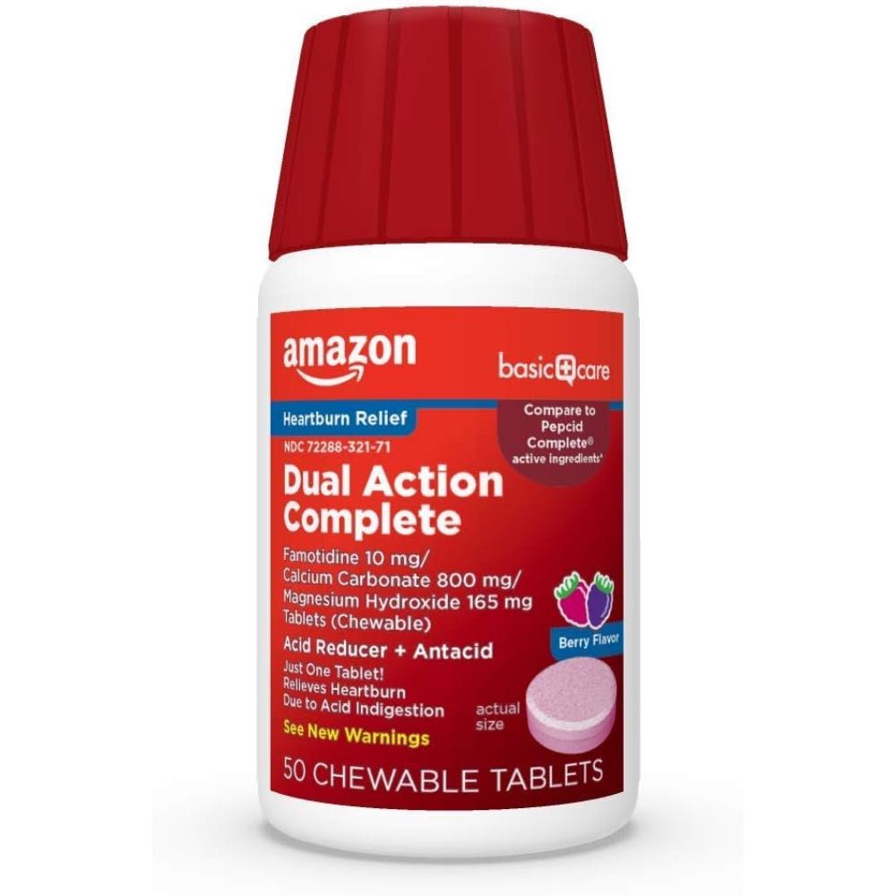 50-Pack Amazon Basic Care Dual Action Acid Reducer + Antacid Tablets
