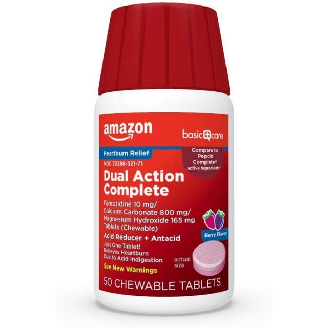 50-Pack Amazon Basic Care Dual Action Acid Reducer + Antacid Tablets