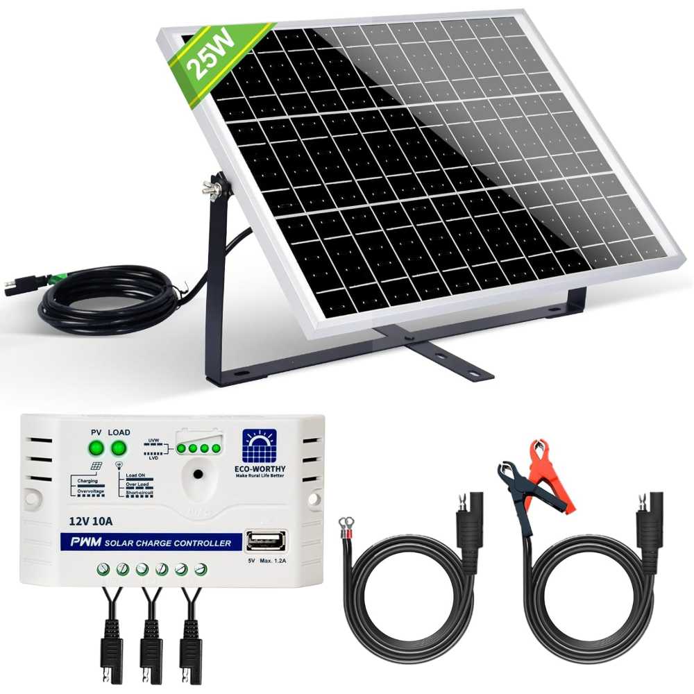 Eco-Worthy 25W Solar Panel Kit w/ Mounting Bracket + 10A Charge Controller + SAE Cable
