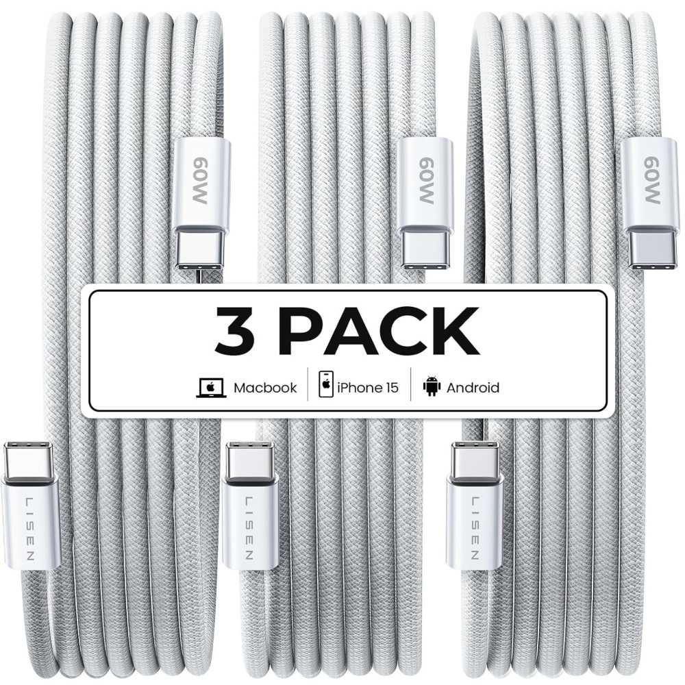 3-Pack Lisen 6.6' 60W USB-C to USB-C Cables
