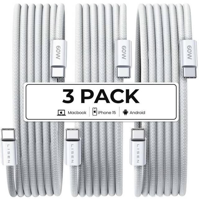 3-Pack Lisen 10' 60W USB-C to USB-C Cables