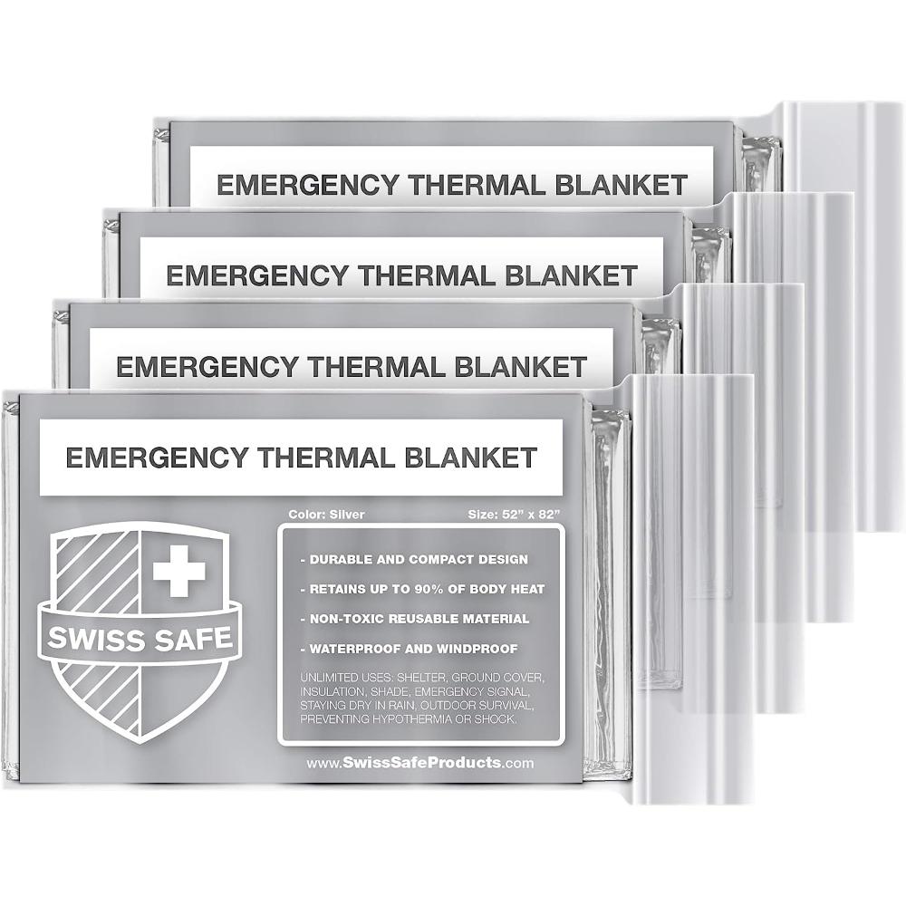 4-Pack Swiss Safe Emergency Mylar Blankets + Bonus Gold Foil Space Blanket