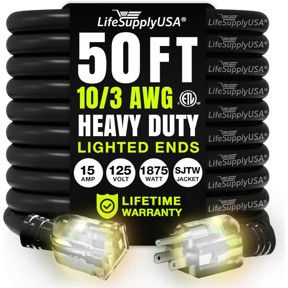 LifeSupplyUSA 50' 10/3 SJTW Ultra Heavy Duty Extension Cord w/ Lighted Ends