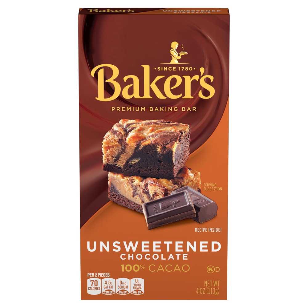 Baker's Unsweetened Premium Chocolate Baking Bar w/ 100% Cacao, 4 oz.
