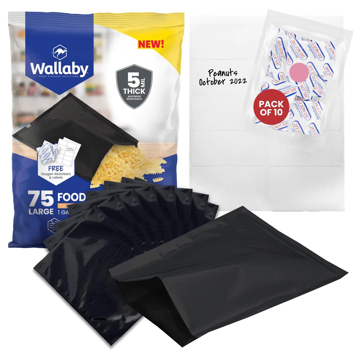75-Pack 1-Gallon Mylar Bags (5 Mil) w/ 80x Oxygen Absorbers (Black)