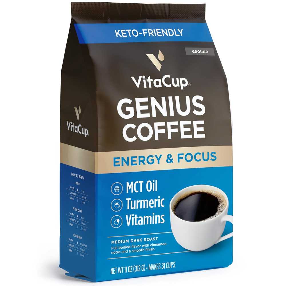 VitaCup Genius Ground Keto Coffee w/ Turmeric, MCT Oil, B Vitamins, D3, 11 oz.