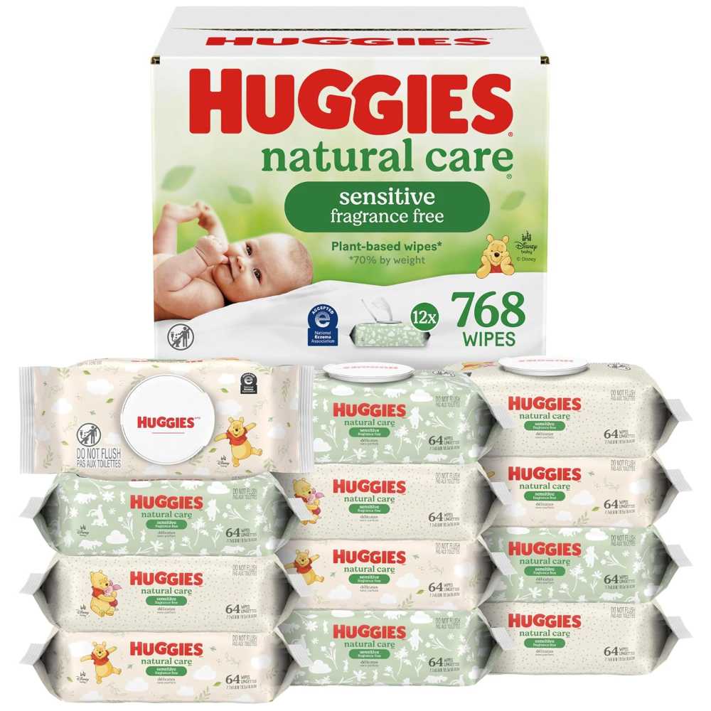 12-Pack Huggies Natural Care Sensitive Baby Wipes (768 Wipes Total)
