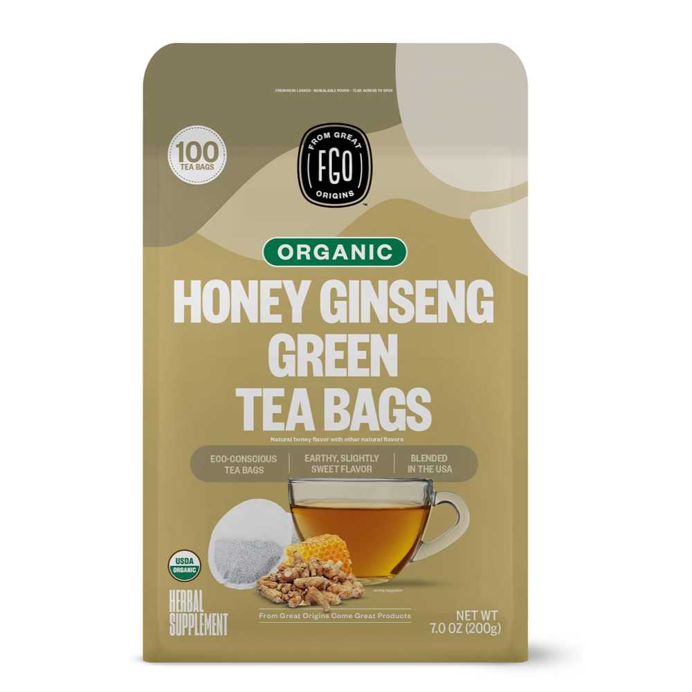 100-Pack FGO Organic Honey Ginseng Green Tea Bags