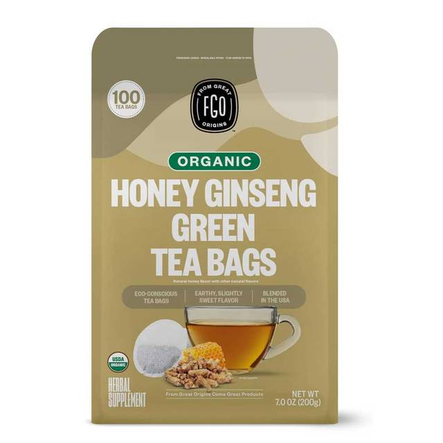 100-Pack FGO Organic Honey Ginseng Green Tea Bags