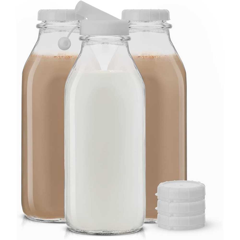 3-Pack JoyJolt Glass Milk Bottles w/ 6x Lids+ Pourer, 32 oz.