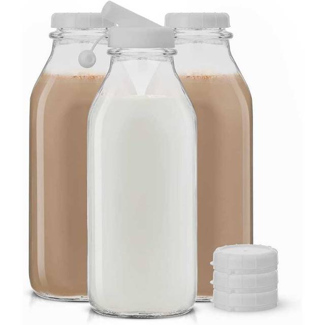 3-Pack JoyJolt Glass Milk Bottles w/ 6x Lids+ Pourer, 32 oz.