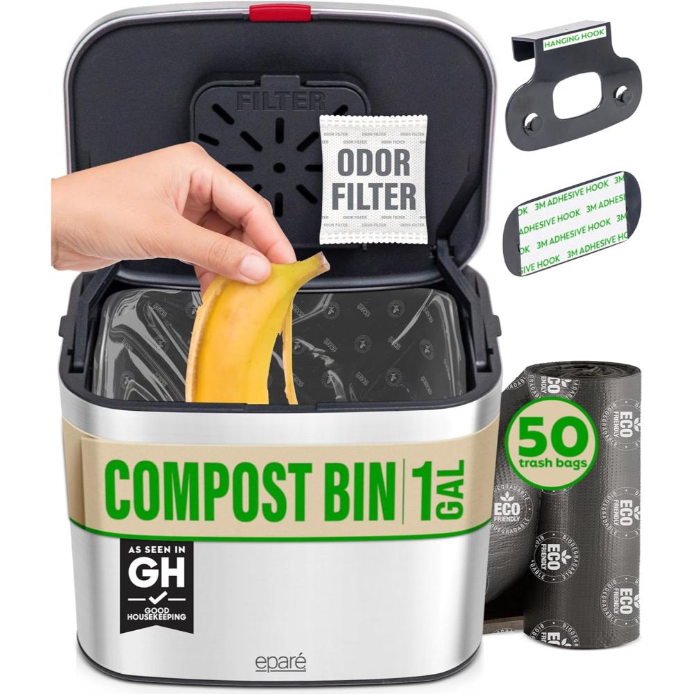Eparé 1-Gallon Kitchen Compost Bin w/ 50x Compost Bags + Odor Filter
