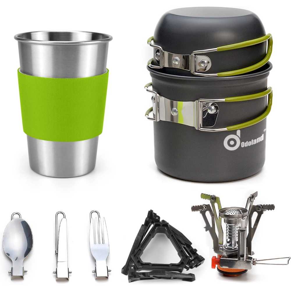 Odoland 9-Piece Camping Cookware Set w/ Mess Kit & Stove