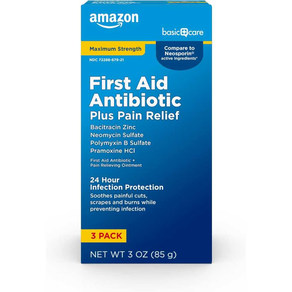 Amazon Basic Care Max Strength Triple Antibiotic Ointment + Pain Relief, 3 oz.