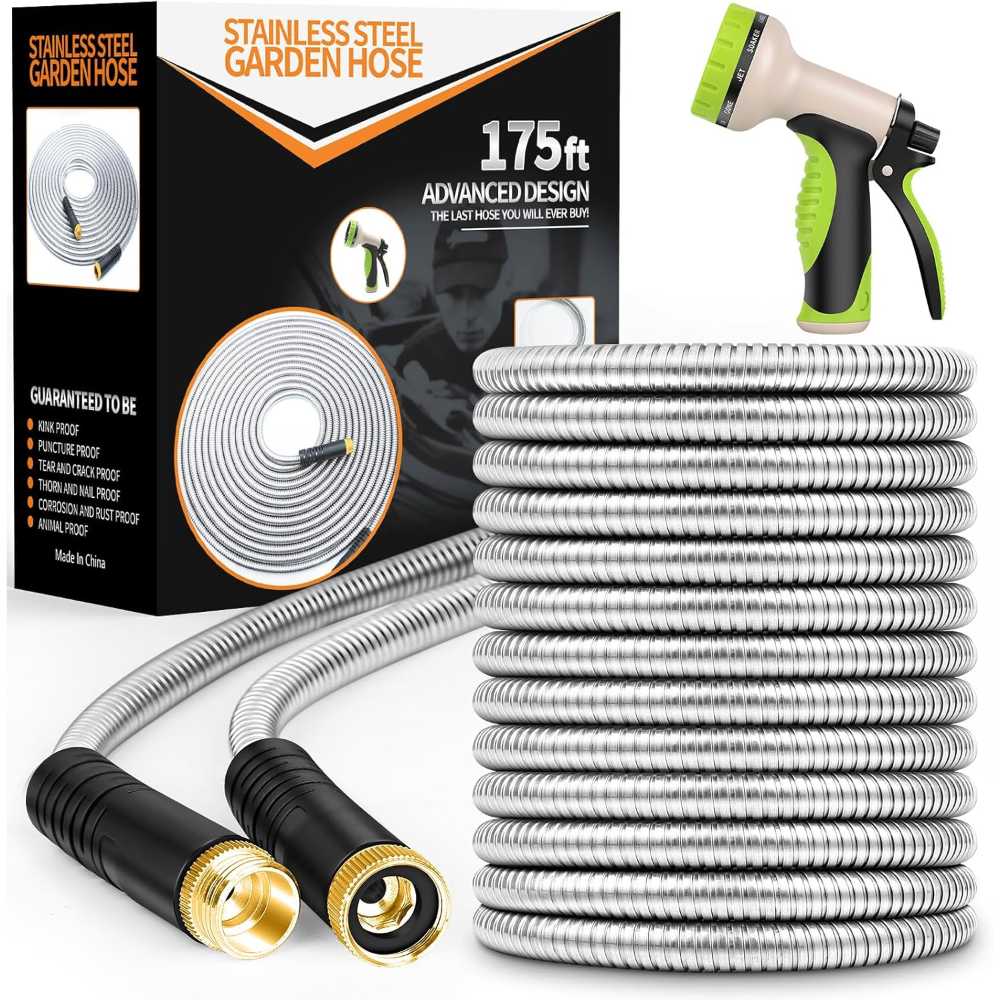 Prime: Unywarse 175' Stainless Steel Garden Hose w/ 10 Function Nozzle