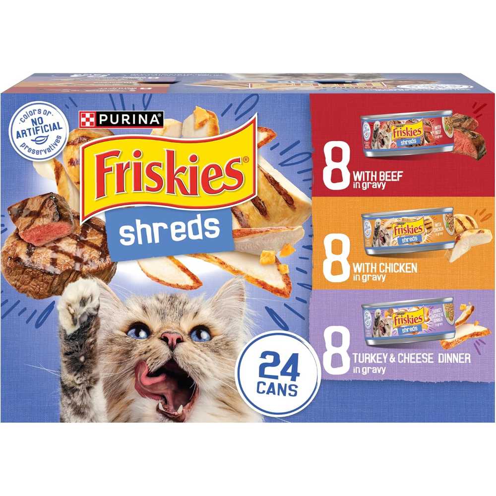 Double Coupon: 24-Pack Purina Friskies Shreds Wet Canned Cat Food, 5.5 oz. (Variety Pack)