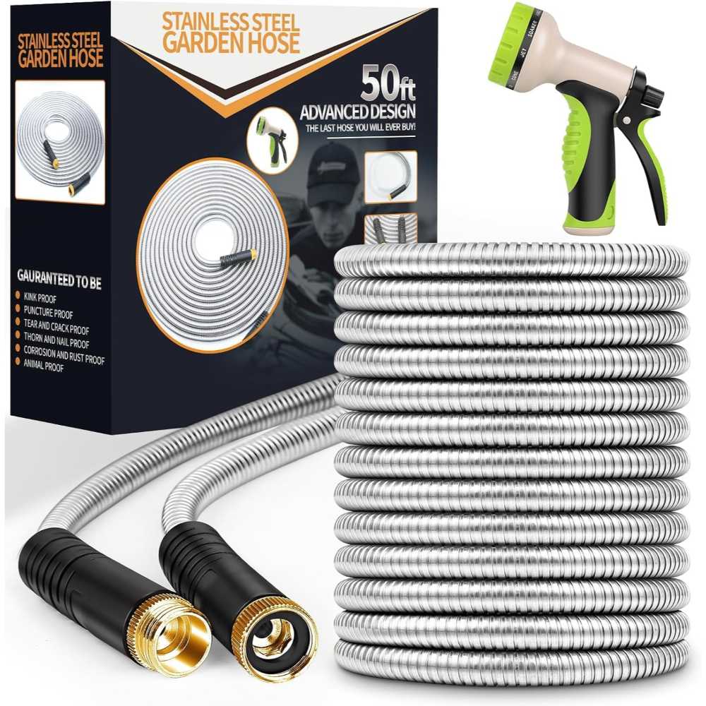 Unywarse 50' Stainless Steel Garden Hose w/ 10 Function Nozzle