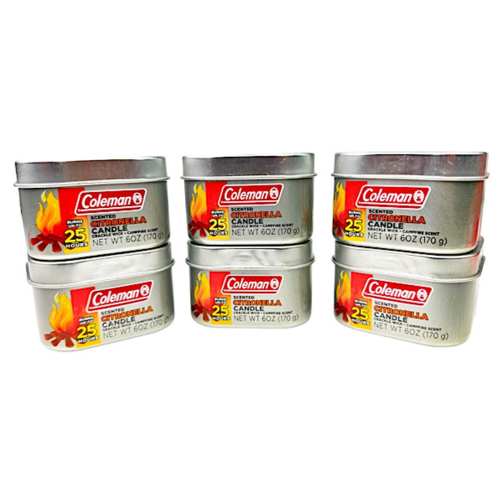 6-Pack Coleman Outdoor 25-Hour Citronella Candle w/ Wooden Crackle Wick, 6 oz. (Campfire Scent)