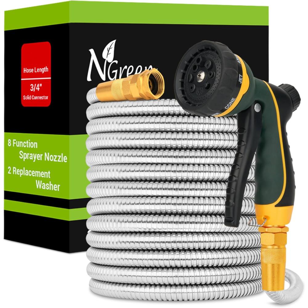 NGreen 25' Stainless Steel Water Hose w/ Nozzle