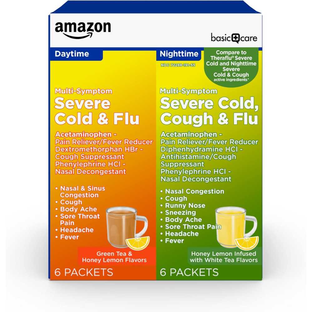 12-Packets Amazon Basic Care Multi-Symptom Severe Cold Daytime and Severe Cold & Cough Nighttime