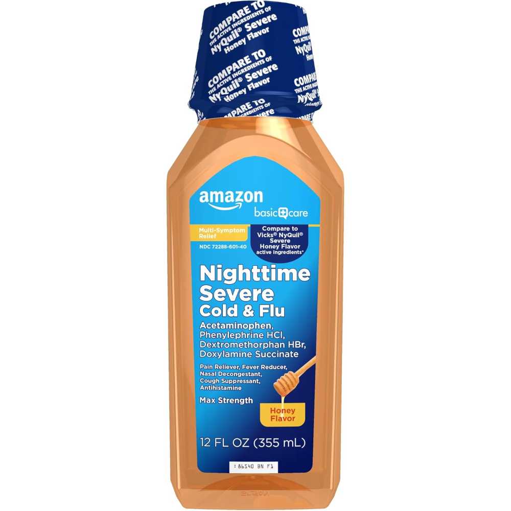 Prime: Amazon Basic Care Maximum Strength Nighttime Severe Cold & Flu Medicine, 12 oz.