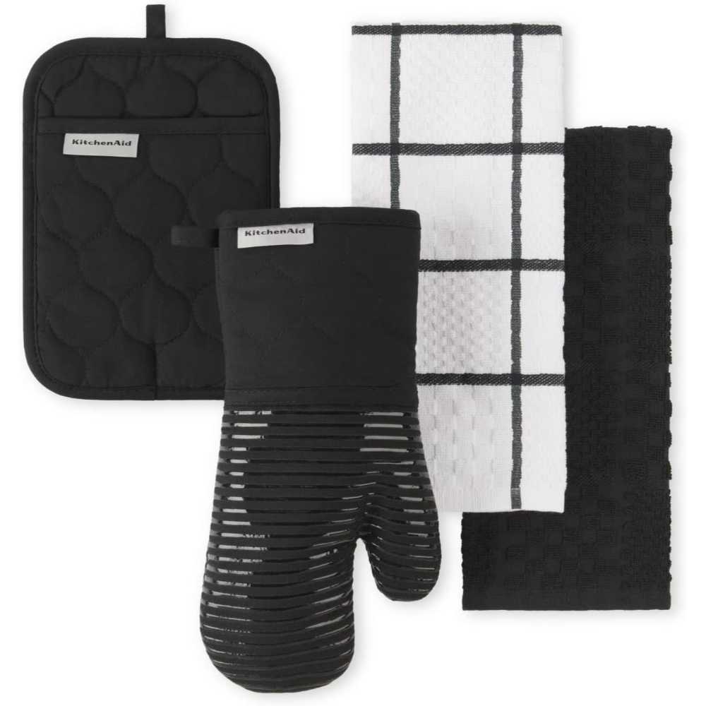 KitchenAid 4-Piece Set w/ Quilted Cotton Terry Cloth Oven Mitt, Pot Holder, Kitchen Towels