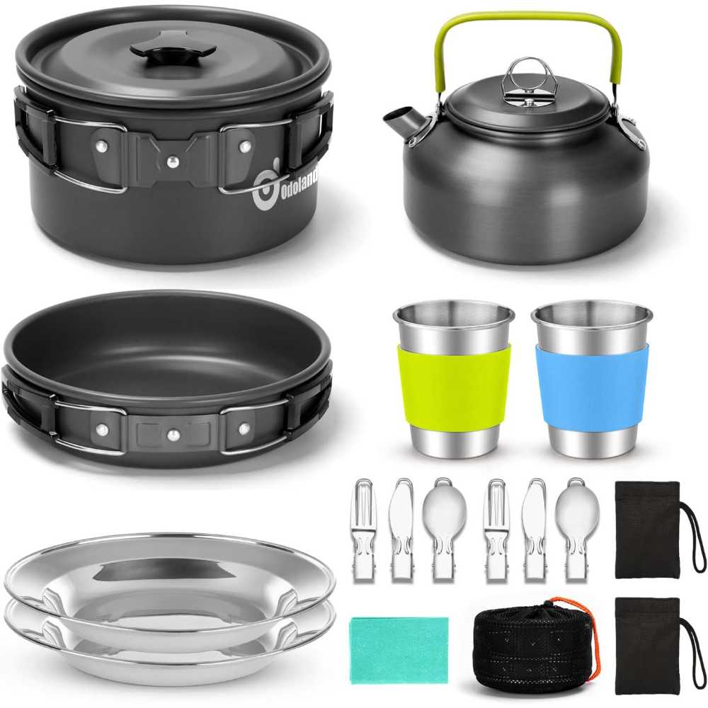 Odoland 15-Piece Camping Cookware Set w/ Kettle, Pot, & Pan