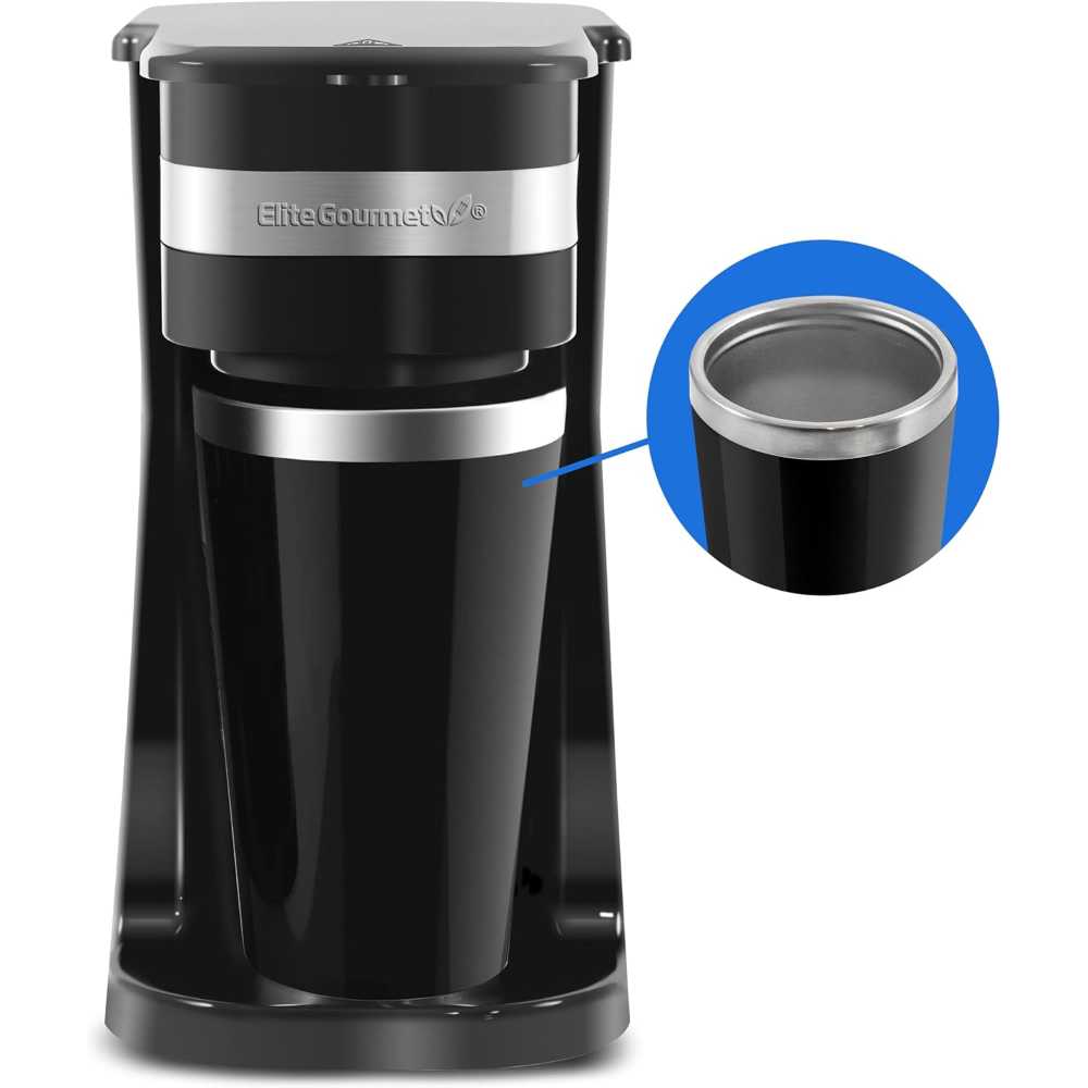 Elite Gourmet Single-Serve Compact Coffee Maker + 14 oz. Stainless Steel Thermal Travel Mug