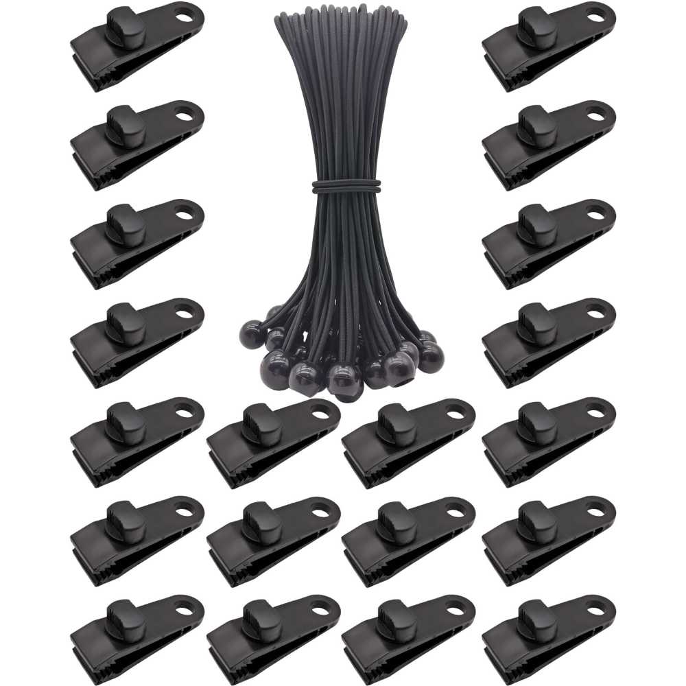 Binckin 40-Piece 10" Bungee Cords + Tarp Clips Set