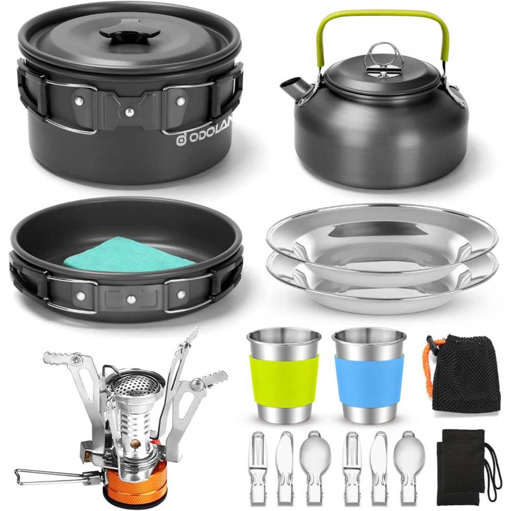 Odoland 16-Piece Camping Cookware Set w/ Stove, Kettle, Pot, & Pan