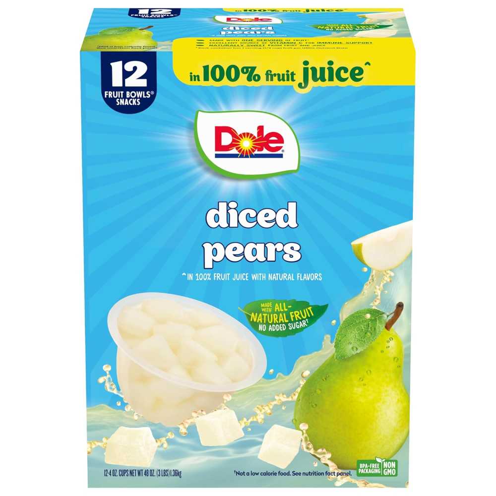 12-Pack Dole Diced Pears Fruit Bowls in 100% Fruit Juice, 4 oz.