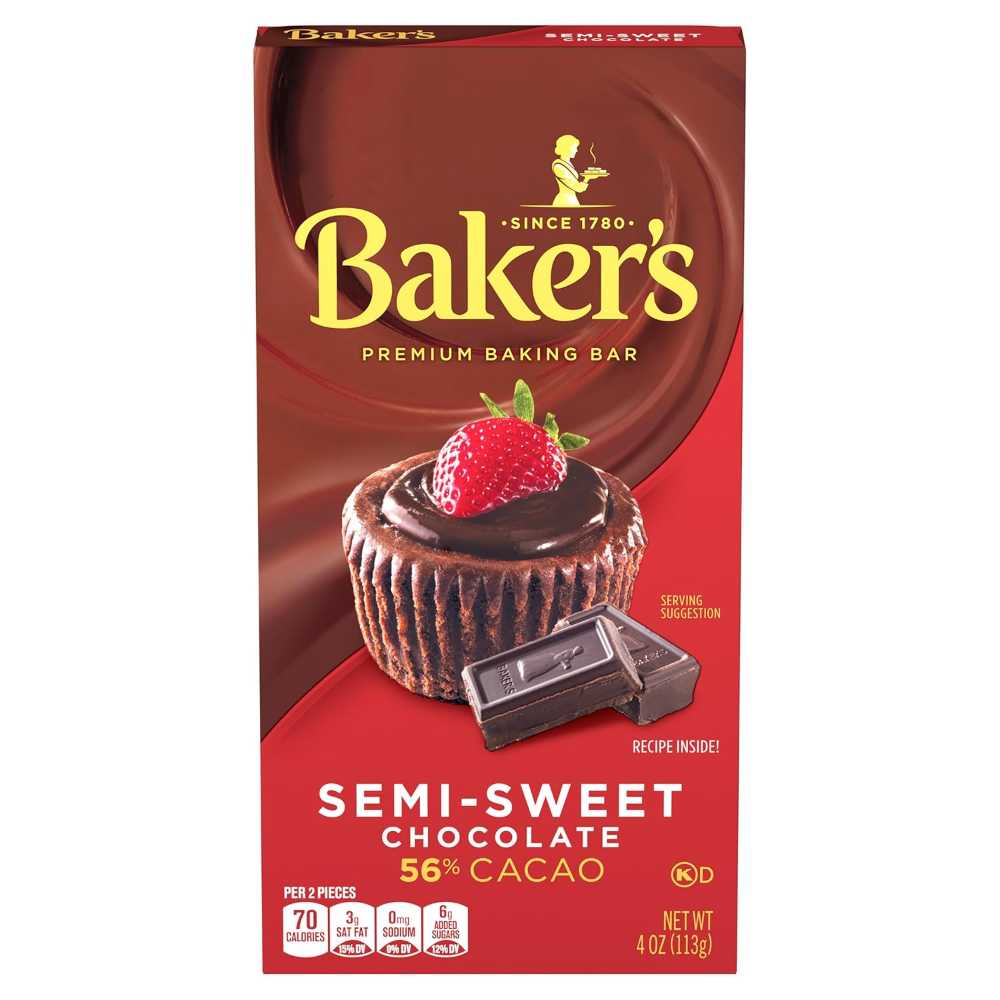 Baker's Semi-Sweet Premium Chocolate Baking Bar w/ 56% Cacao, 4 oz.