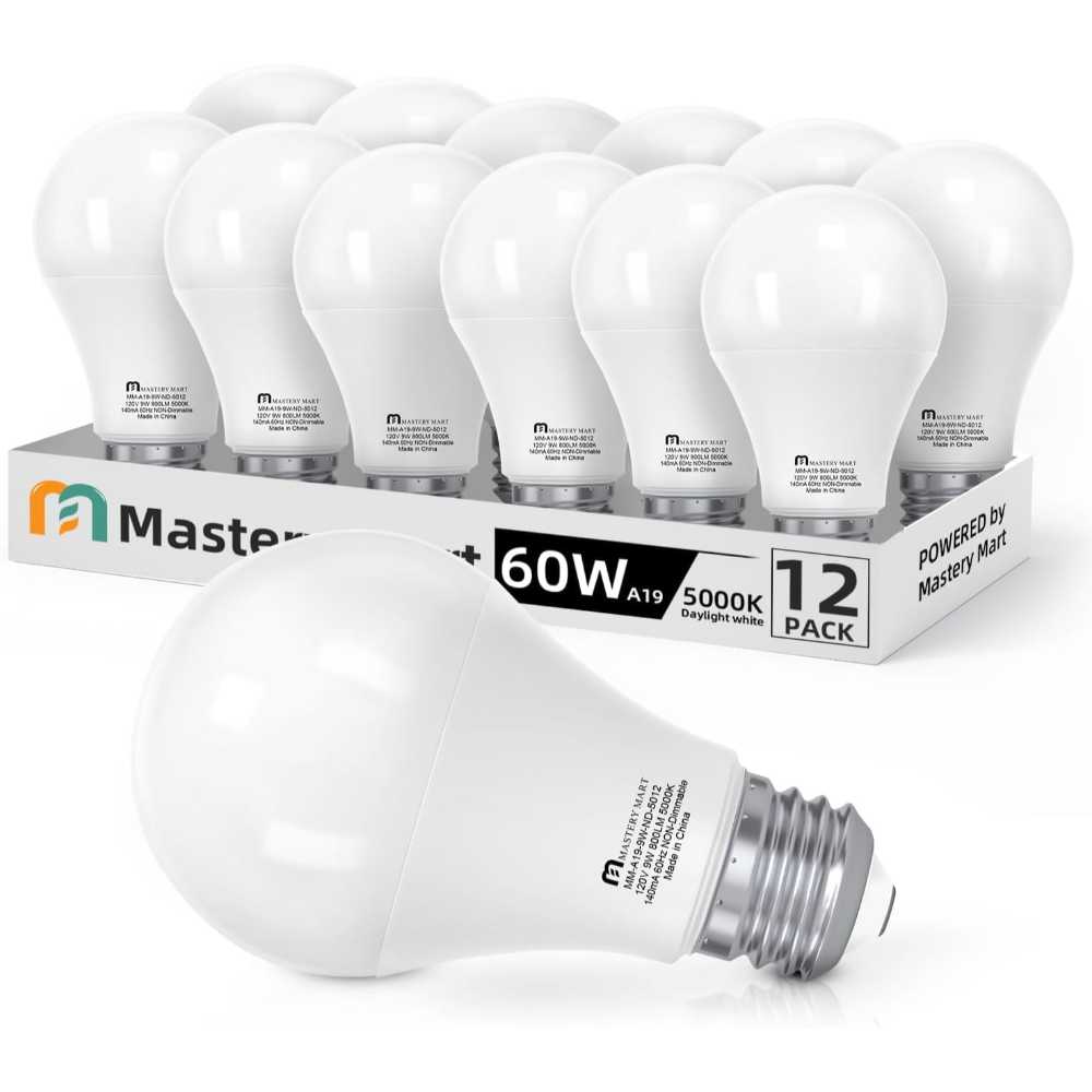 12-Pack Mastery Mart A19 9W LED Light Bulbs (800 Lumens, 5000K)