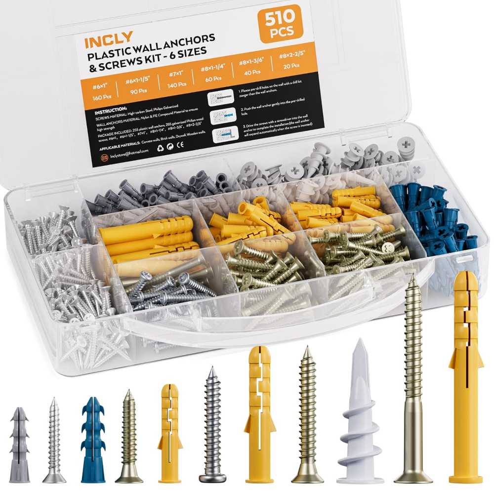 Incly 510-Piece Drywall Anchors & Screws Assortment Kit