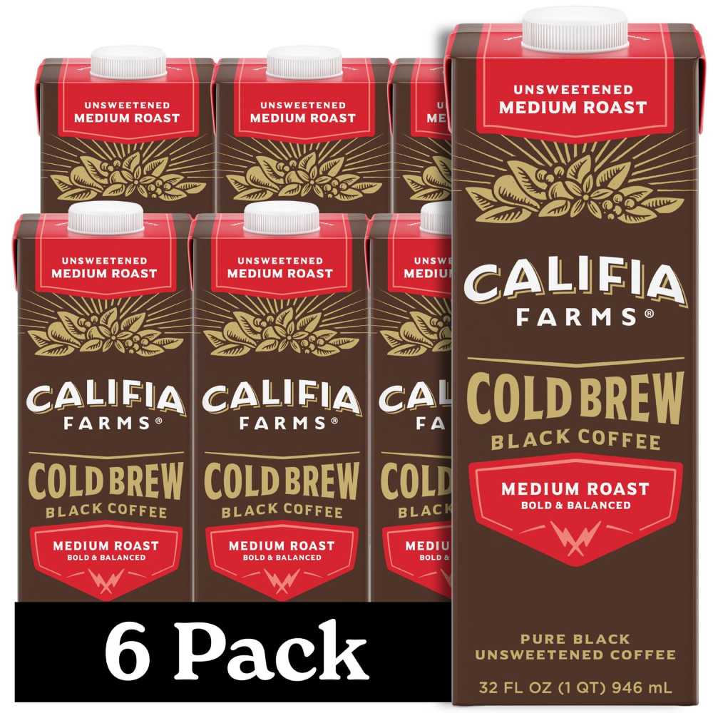 6-Pack Califia Farms Shelf Stable Medium Roast Cold Brew Coffee, 32 oz.