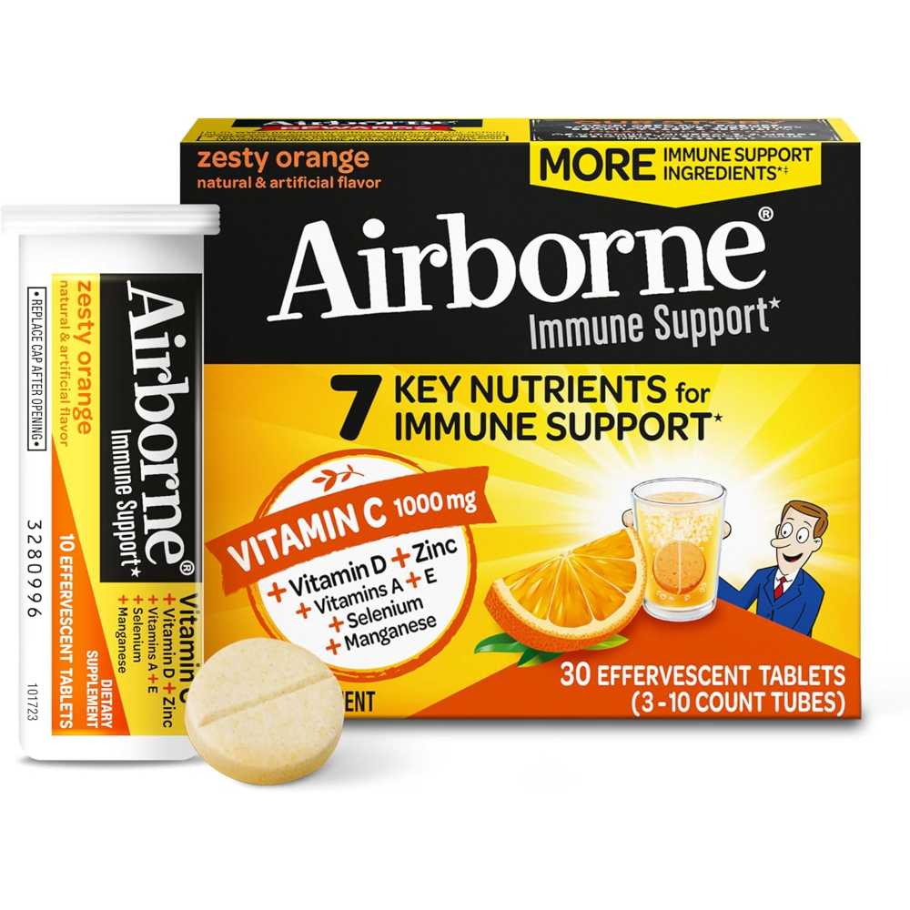 30-Pack Airborne Immune Support 1000mg Vitamin C w/ Zinc Fizzy Drink Tablets (Zesty Orange)