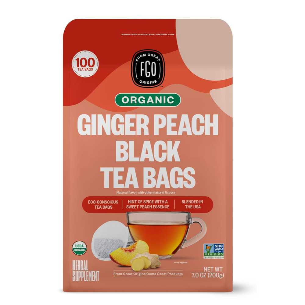 100-Pack FGO Organic Ginger Peach Black Tea Bags