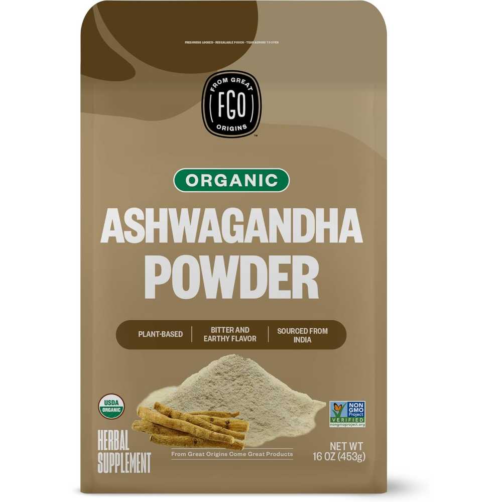 FGO Organic Ashwagandha Root Powder Bulk Pouch, 16 oz.