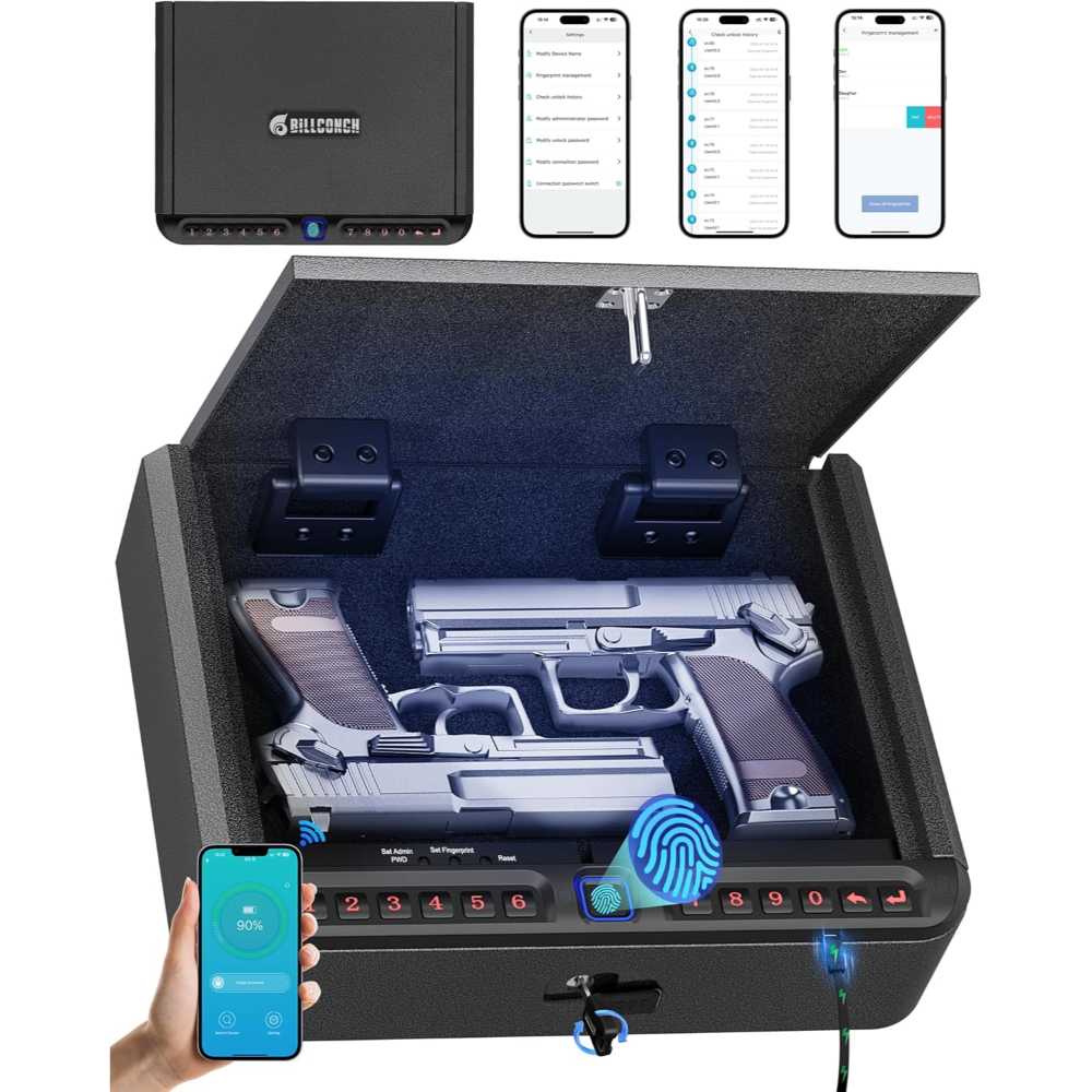 Billconch Quick-Access Biometric Rechargeable Pistol Safe w/ App Control