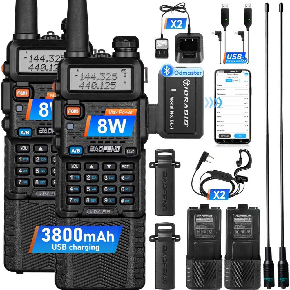 2-Pack Baofeng UV-5R 8W Ham Radio w/ AR-771 High-Gain Antenna + 3800mAh Extended Battery + Wireless Programmer