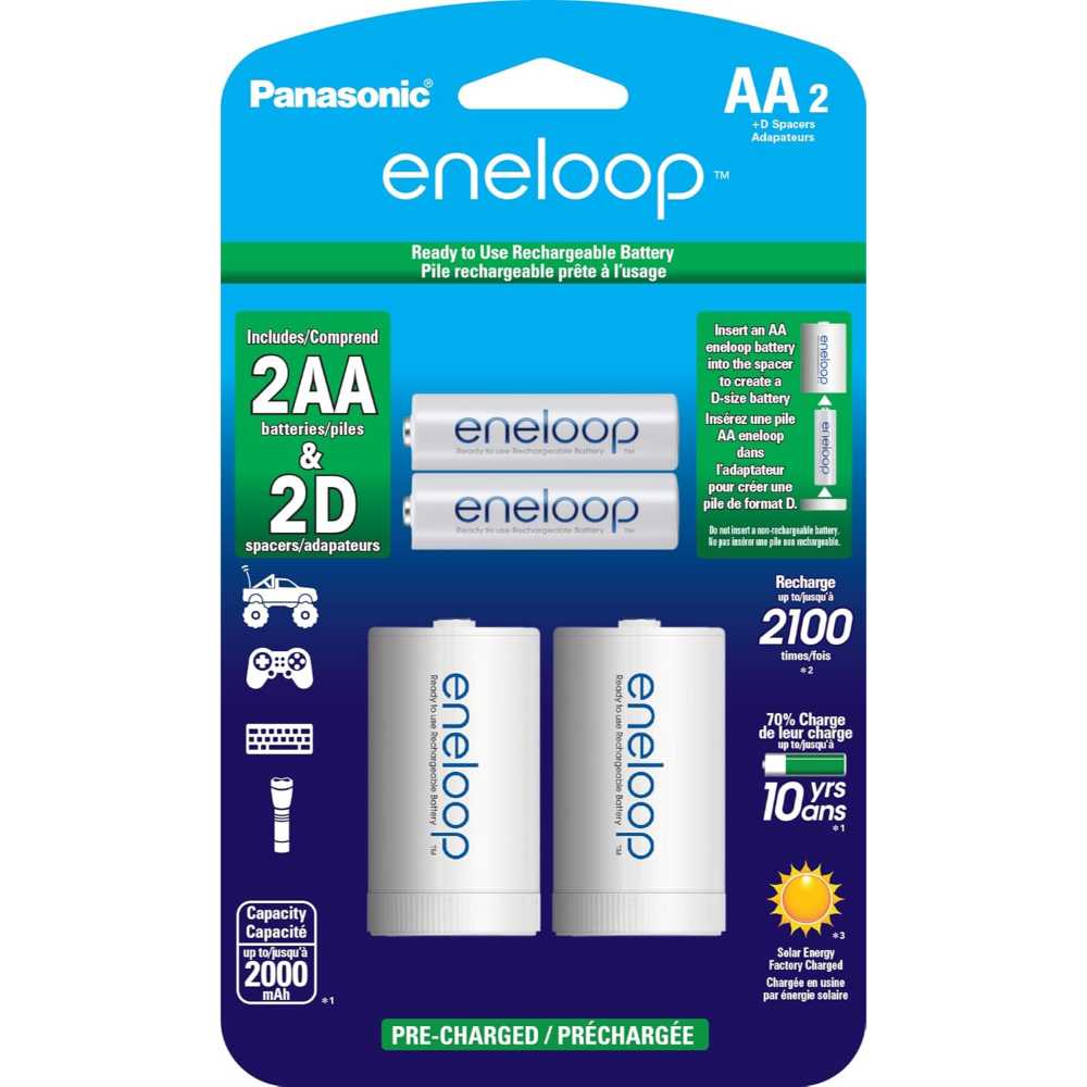 Panasonic Eneloop 2x D Adapters & 2x Rechargeable AA Batteries