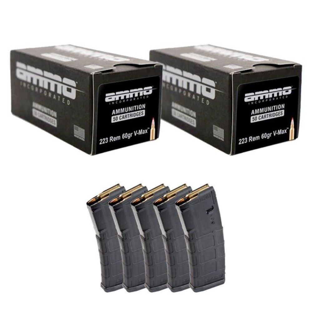 100-Rounds Ammo Inc .223 REM 60gr V-MAX + 5x Magpul PMAG Gen2 5.56 Magazines