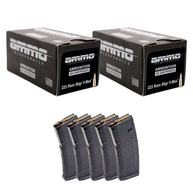 100-Rounds Ammo Inc .223 REM 60gr V-MAX + 5x Magpul PMAG Gen2 5.56 Magazines