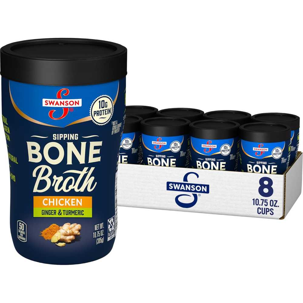 8-Pack Swanson Sipping Chicken Bone Broth w/ Ginger & Turmeric, 10.75 oz.