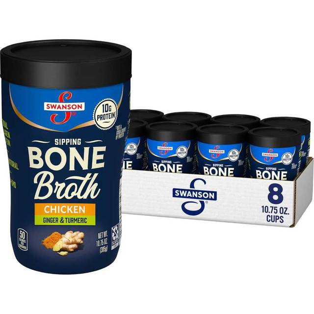 8-Pack Swanson Sipping Chicken Bone Broth w/ Ginger & Turmeric, 10.75 oz.